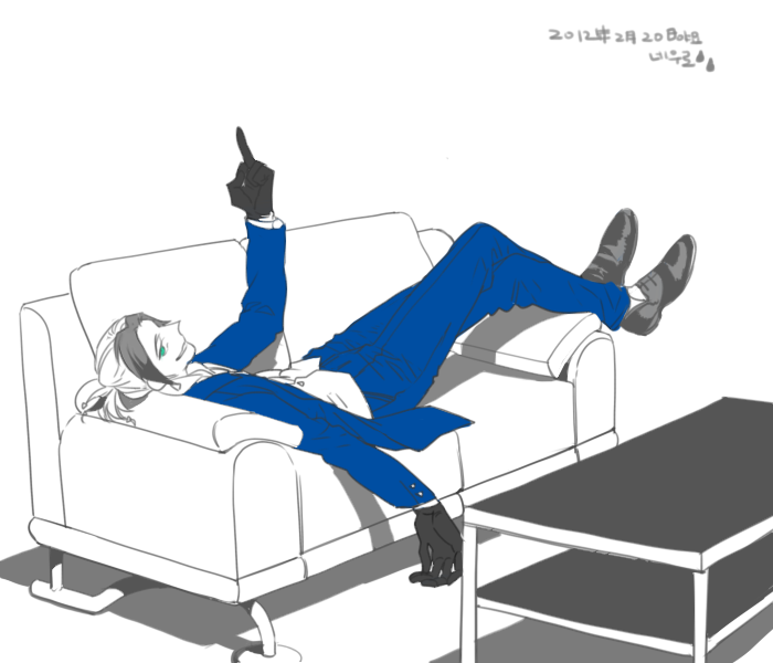 00s, 1boy, aqua_eyes, bad_id, bad_pixiv_id, blue_theme, couch, crossed_legs