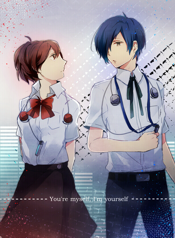 1boy, 1girl, atlus, blue_eyes, blue_hair, bow, brown_hair, mp3_player