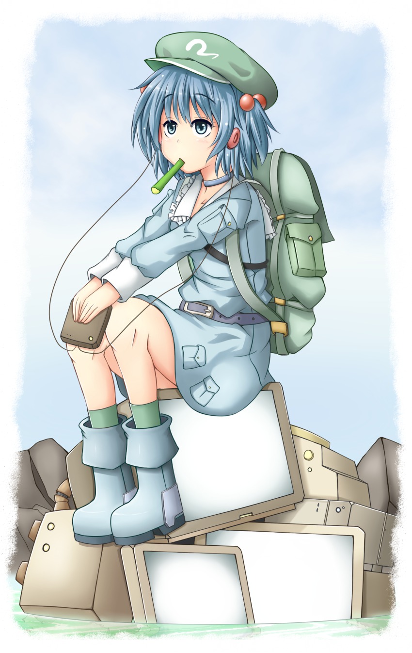 1girl, backpack, bad_id, bad_pixiv_id, bag, blue_eyes, blue_hair, choker