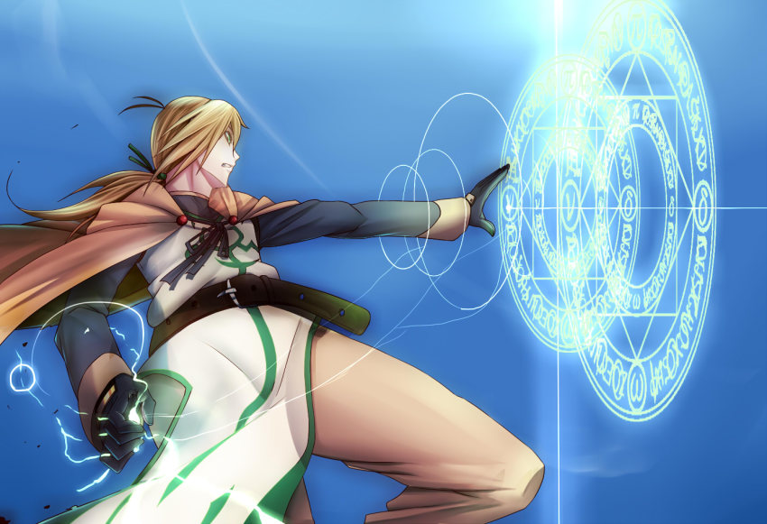 00s, 1boy, aomidori_(krkg), bad_id, bad_pixiv_id, belt, blonde_hair, buckle, cape, gloves, glowing, green_eyes, long_hair, long_sleeves, lyrical_nanoha, magic_circle, magical_boy, mahou_shoujo_lyrical_nanoha, male_focus, aged_up, ponytail, solo, yuuno_scrya
