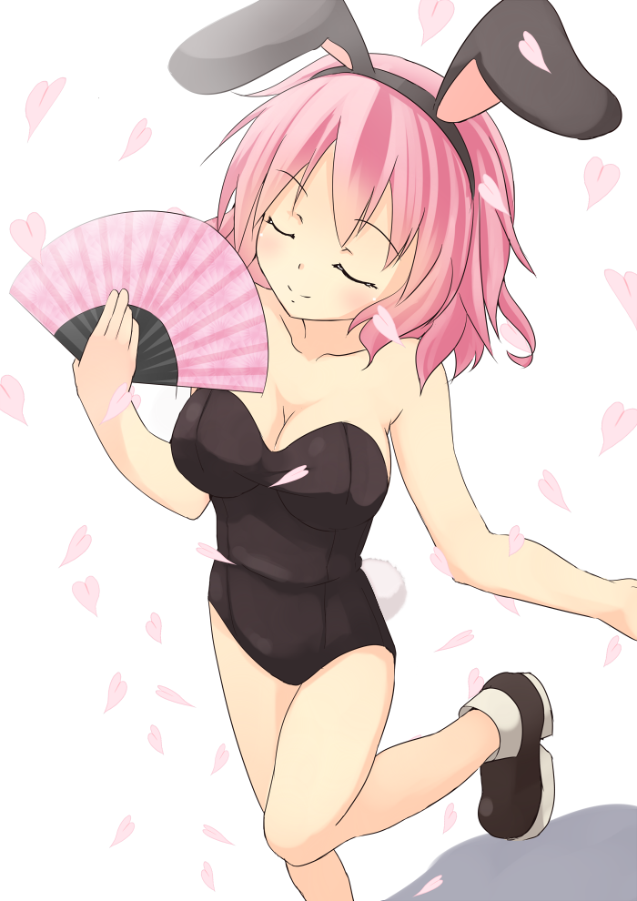 1girl, animal_ears, bare_legs, breasts, cherry_blossoms, closed_eyes, female_focus, folding_fan