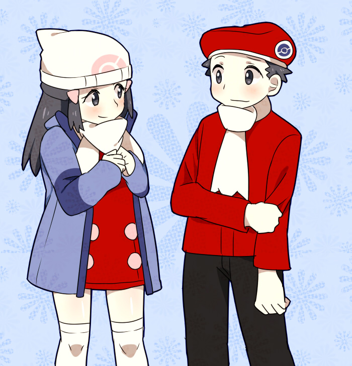 1boy, 1girl, alternate_costume, bad_id, bad_pixiv_id, beanie, beret, black_hair