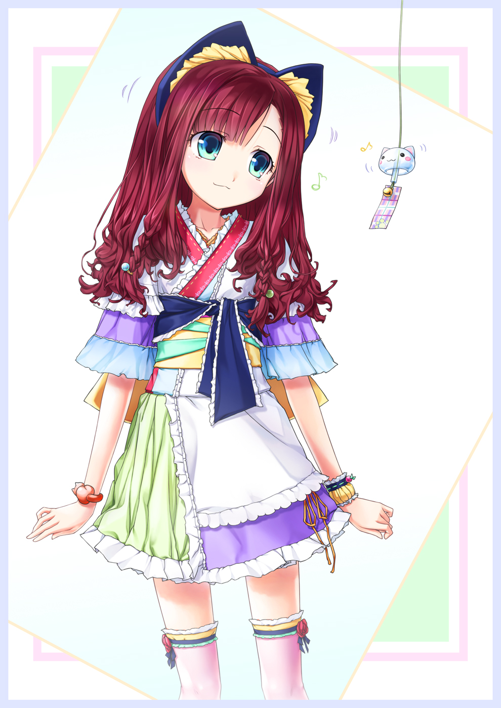 1girl, :3, animal_ears, bad_id, bad_pixiv_id, blue_eyes, bracelet, braid, cat_ears, collarbone, dress, fake_animal_ears, female_focus, hair_bobbles, hair_ornament, head_tilt, highres, jewelry, kanke_(nekotaya), long_hair, musical_note, original, red_hair, sash, short_sleeves, solo, standing, thighhighs, wind_chime, wristband, zettai_ryouiki
