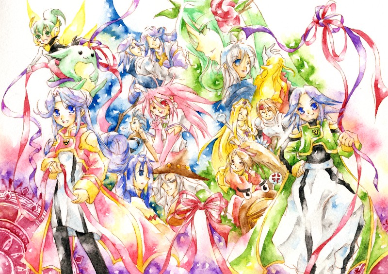 6+boys, 6+girls, albert_(tales), aqua_hair, arche_klein, armor, bare_shoulders, blonde_hair