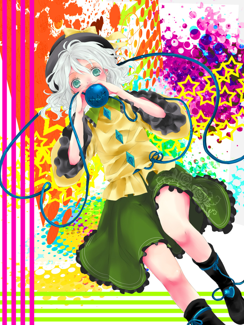 1girl, absurdres, aqua_eyes, bad_id, bad_pixiv_id, boots, colorful, covering_own_mouth