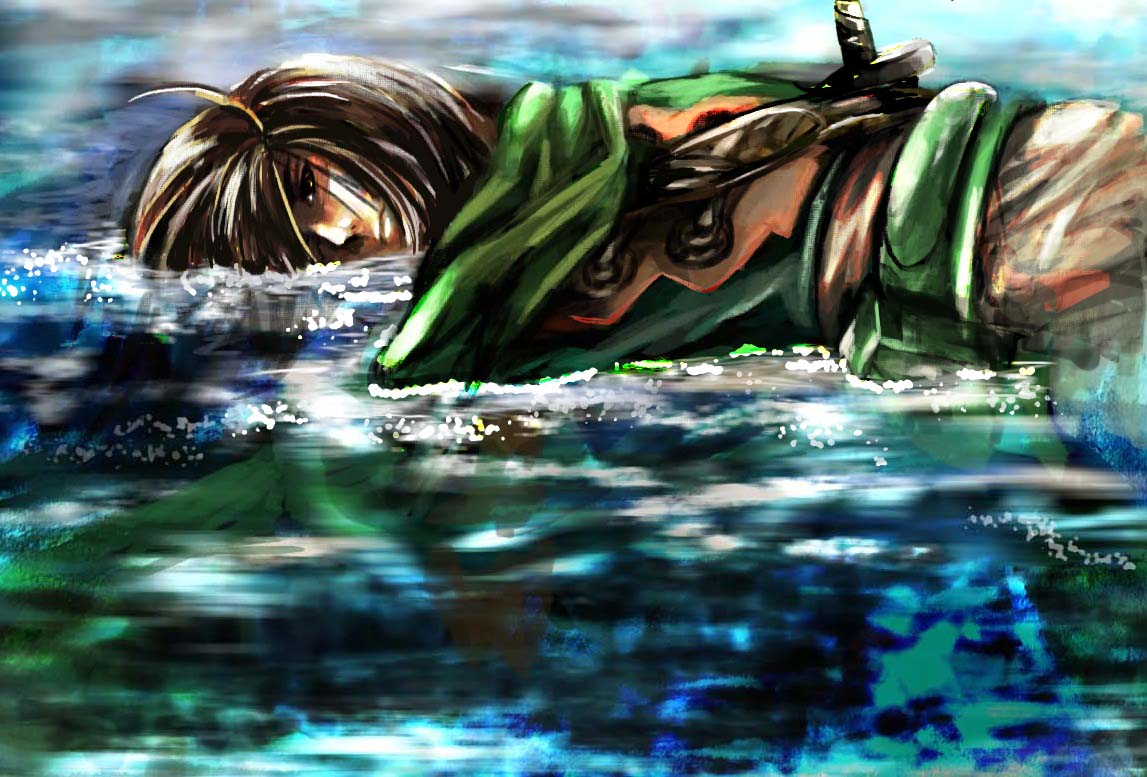 1boy, brown_hair, felix_(golden_sun), golden_sun, long_hair, male_focus, solo, wakewaka_ran, water