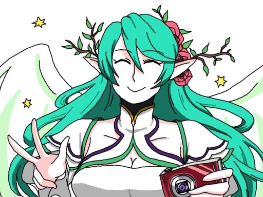 1girl, aqua_hair, breasts, camera, cleavage, closed_eyes, dress, flower