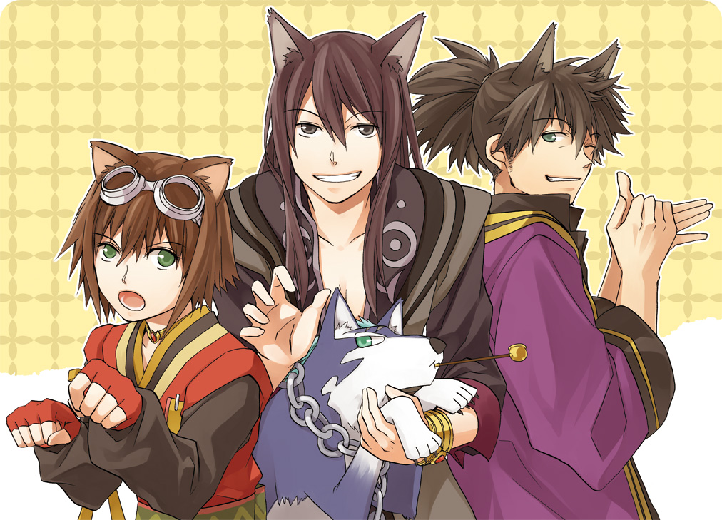 00s, 1girl, 2boys, animal_ears, black_eyes, black_hair, brown_hair, chain, coat, dog, dog_ears, green_eyes, kemonomimi_mode, long_hair, multiple_boys, one_eye_closed, paw_pose, ponytail, raven_(tales), repede_(tales), rita_mordio, short_hair, smile, tales_of_(series), tales_of_vesperia, wink, yellow_background, yogura, yuri_lowell