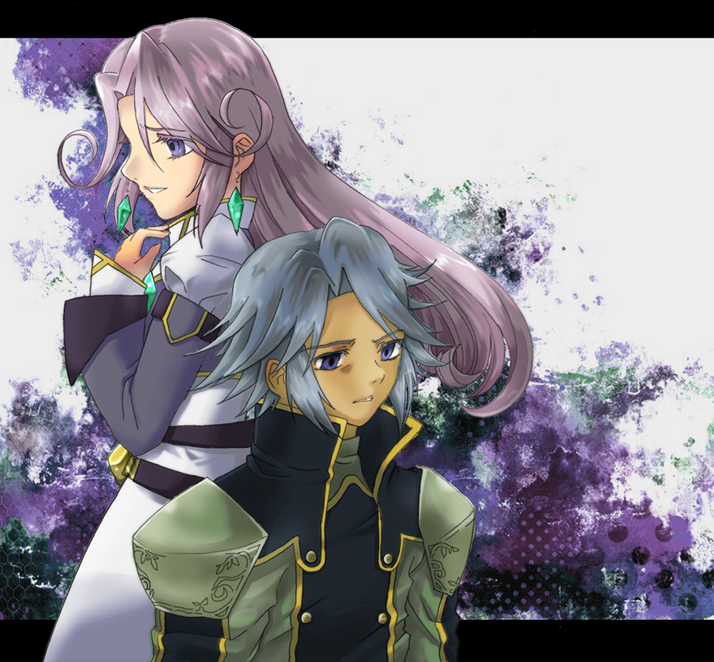 1boy, 1girl, belt, coat, dios_(tales), dress, earrings, grey_hair