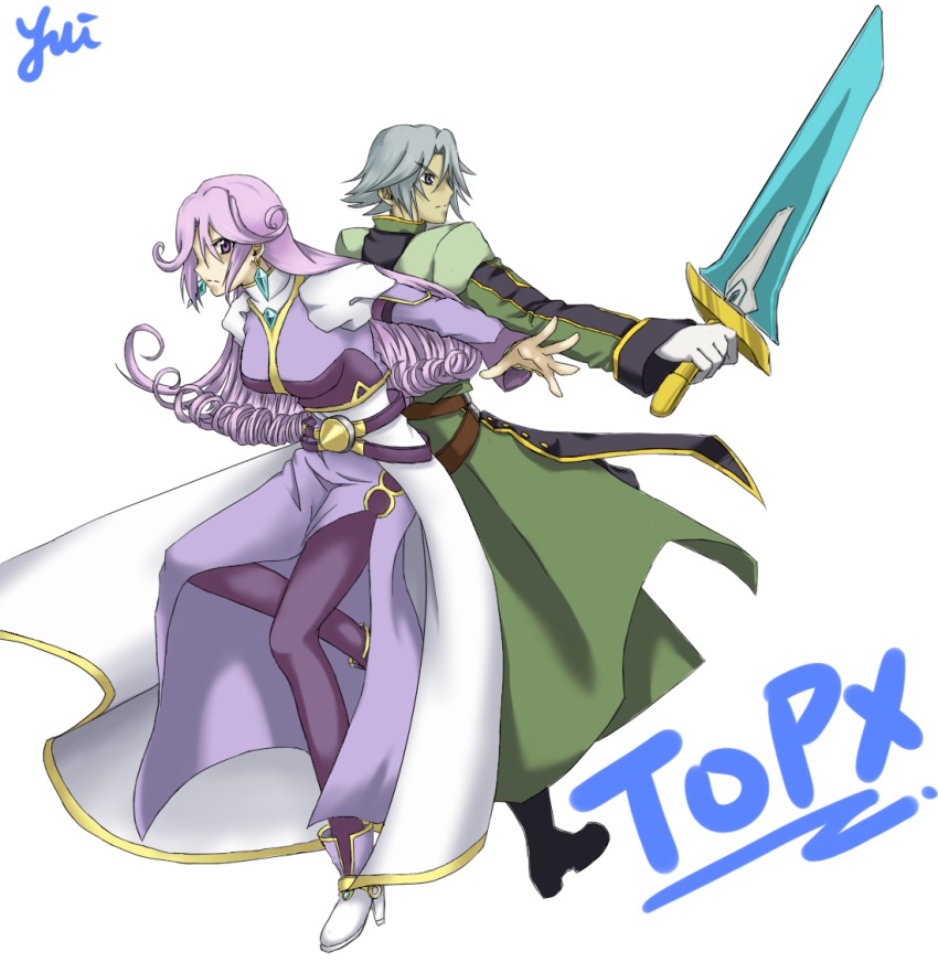 1boy, 1girl, belt, blue_eyes, boots, breasts, coat, dios_(tales)