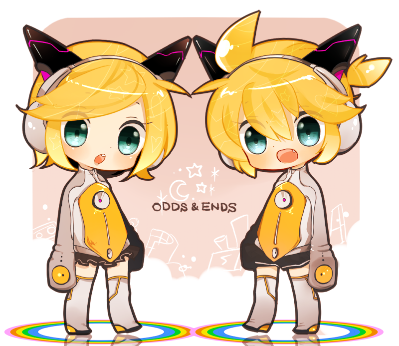 1boy, 1girl, animal_ears, aqua_eyes, blonde_hair, brother_and_sister, chibi, fake_animal_ears, headphones, kagamine_len, kagamine_rin, mami_(sweetcandy), odds_&amp;_ends_(vocaloid), open_mouth, short_hair, siblings, twins, vocaloid