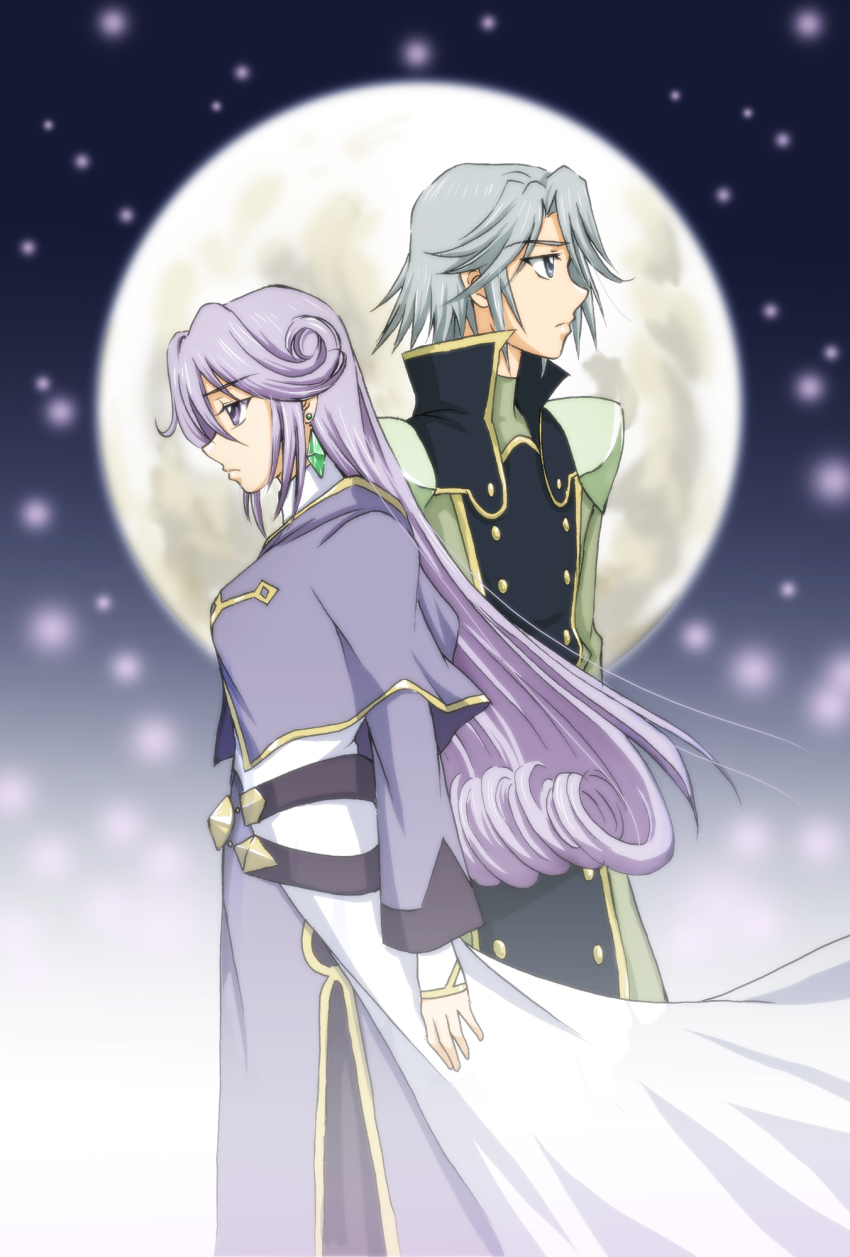 1boy, 1girl, belt, breasts, coat, dios_(tales), dress, earrings