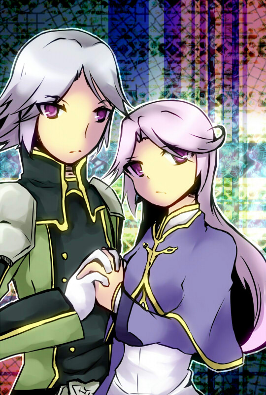 1boy, 1girl, belt, breasts, coat, dios_(tales), dress, gloves