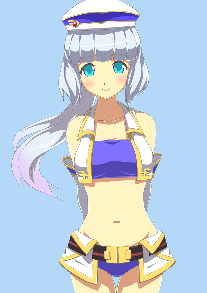 1girl, adapted_costume, aqua_eyes, arms_behind_back, bandeau, belt, blue_background, blush