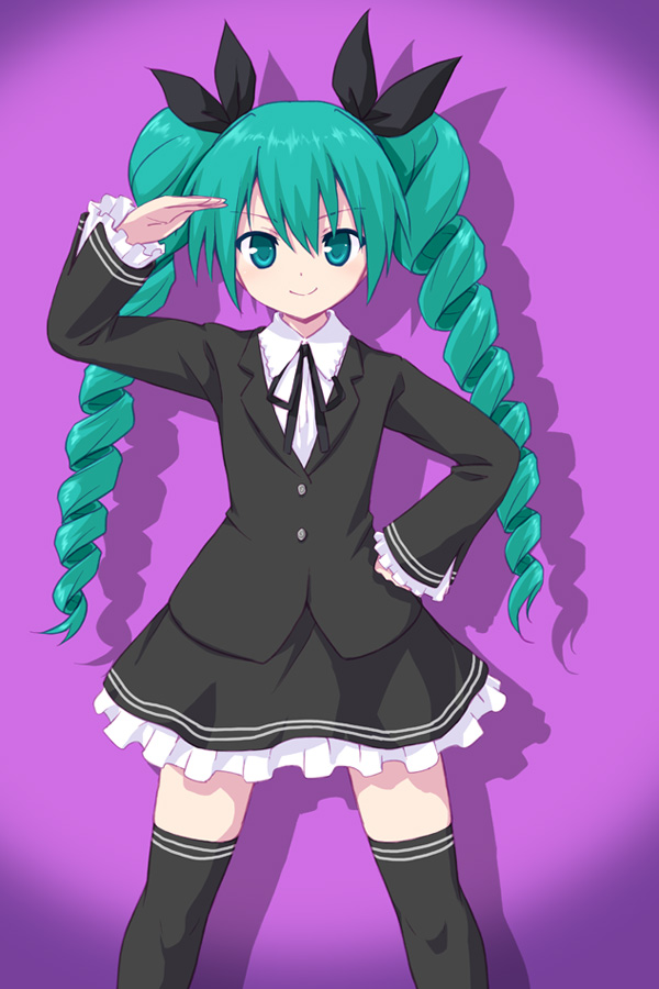 1girl, blazer, drill_hair, female_focus, frills, green_eyes, green_hair, hand_on_own_hip