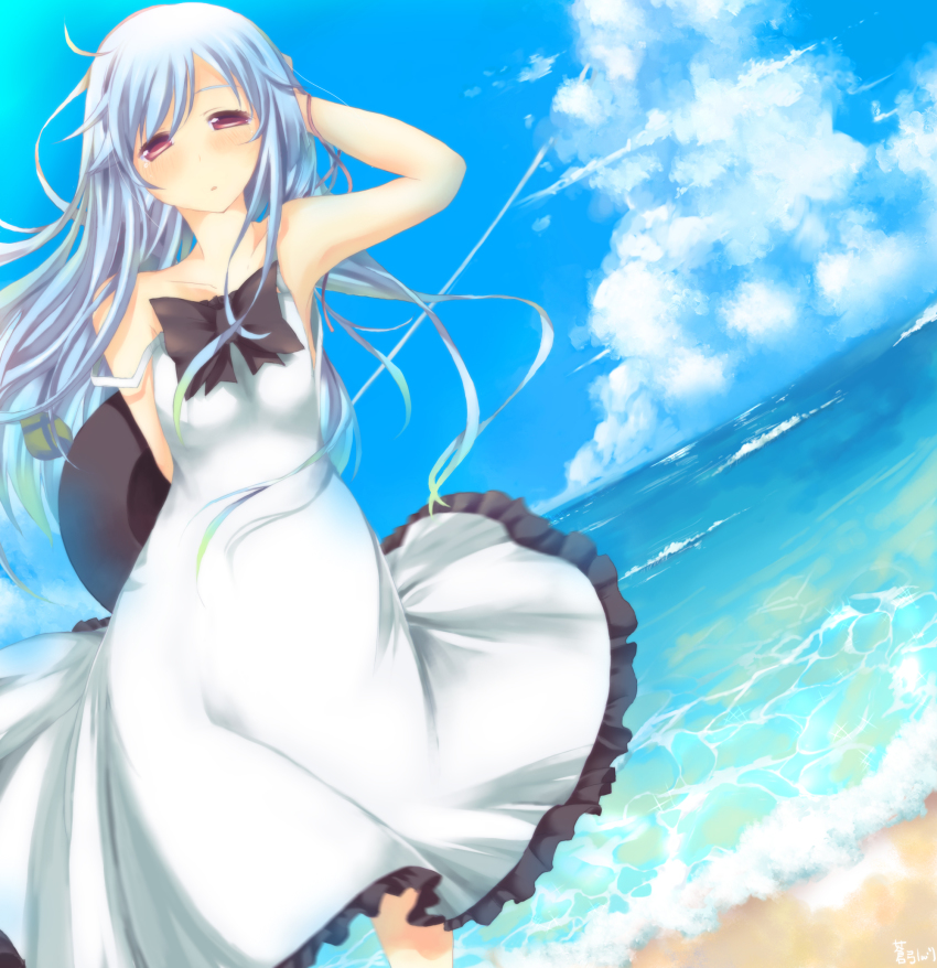 1girl, alternate_costume, arm_behind_back, bad_id, bad_pixiv_id, bare_shoulders, beach, blue_hair