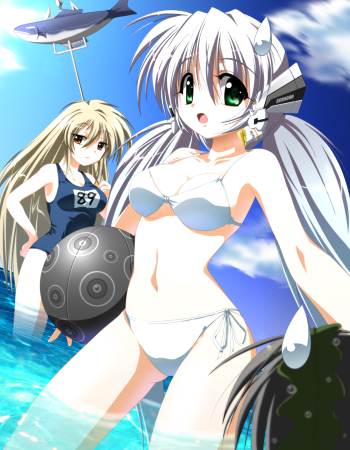 10s, 2girls, achtneun, android, ball, beachball, bikini, blonde_hair, brown_eyes, f20_(funimaru), fish, green_eyes, hoshino_yumemi, junker, long_hair, multiple_girls, one-piece_swimsuit, planetarian, polearm, rimurimu, school_swimsuit, silver_hair, sweatdrop, swimsuit, trident, twintails, weapon