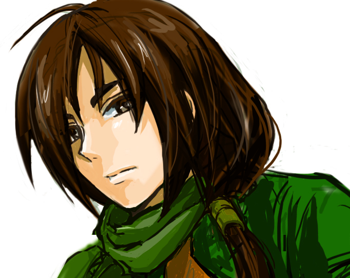 1boy, brown_eyes, brown_hair, cape, felix_(golden_sun), gloves, golden_sun, hair_tie