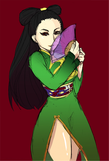 black_hair, character_request, hand_fan, golden_sun, konpei, long_hair, red_eyes, tagme