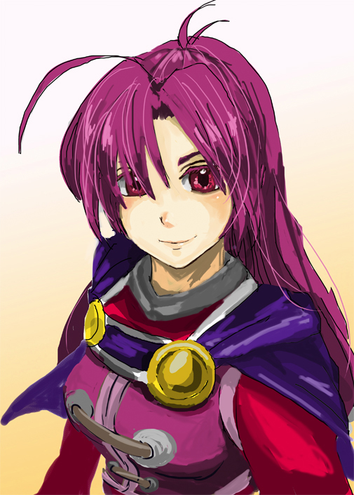 1girl, breasts, female_focus, golden_sun, gradient_background, jenna_(golden_sun), konpei, long_hair, pink_eyes, purple_hair, solo, tagme, upper_body, white_background