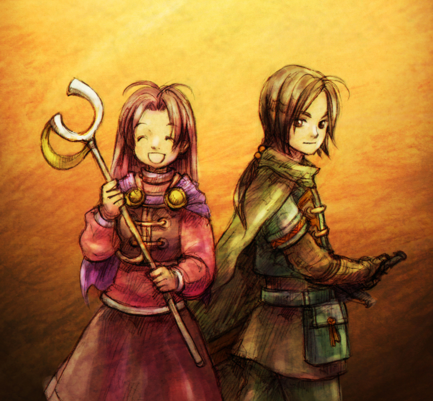 ^_^, brother_and_sister, brown_eyes, brown_hair, cape, closed_eyes, felix_(golden_sun), gloves, golden_sun, hair_tie, highres, jenna_(golden_sun), long_hair, ponytail, red_hair, rio-sout, siblings, sword, tagme, weapon