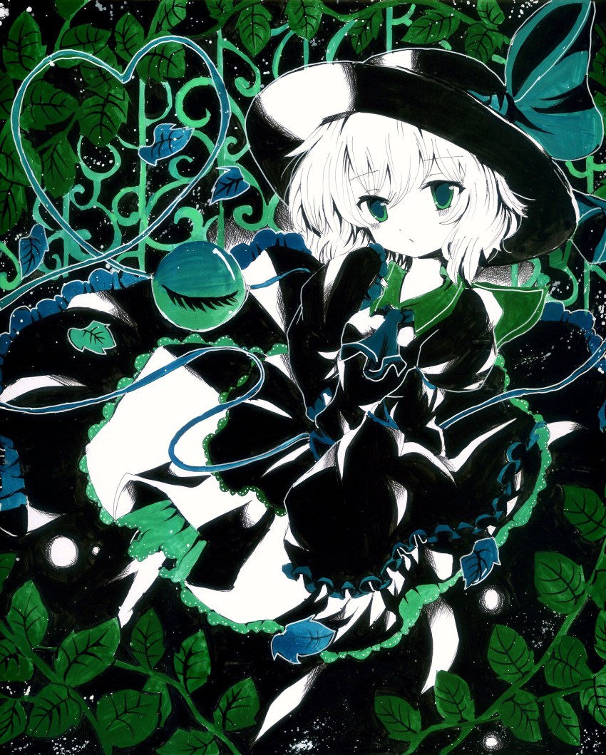 1girl, absurdres, acrylic_paint_(medium), female_focus, green_theme, hat, heart, highres