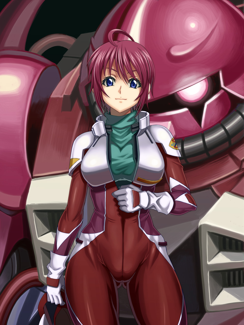 00s, 1girl, blue_eyes, bodysuit, breasts, female_focus, gloves, gundam, gundam_seed, gundam_seed_destiny, helmet, highres, looking_at_viewer, lunamaria_hawke, mecha, pilot_suit, pink_hair, robot, short_hair, solo, syunzou, unworn_headwear, unworn_helmet, zaku_warrior_lunamaria_custom