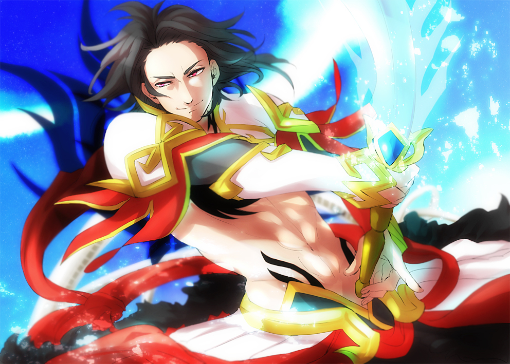 1boy, abs, armor, black_hair, blue_background, day, fire, gaius_(tales)