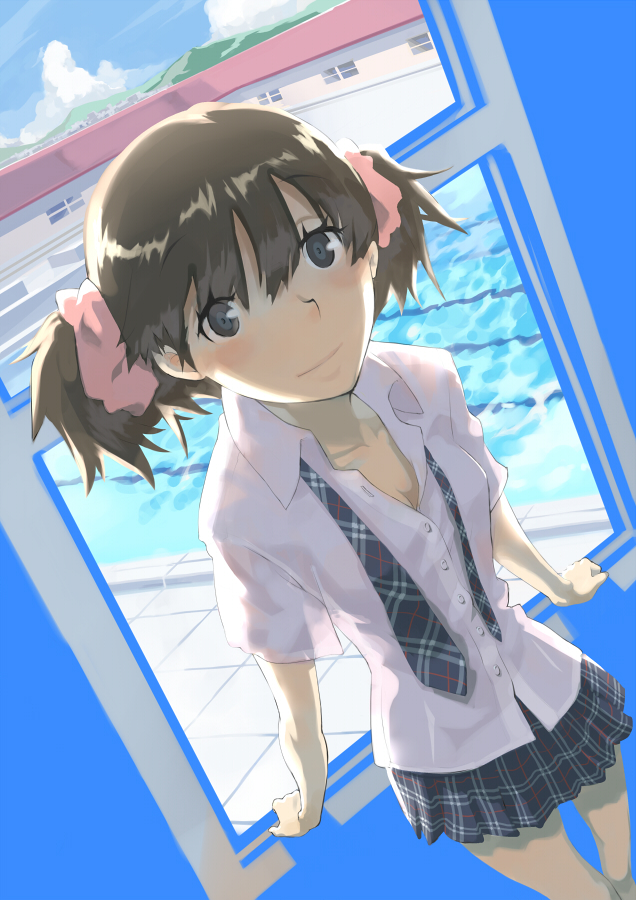 1girl, ai[sora], brown_hair, female_focus, necktie, original, plaid_clothes, plaid_skirt