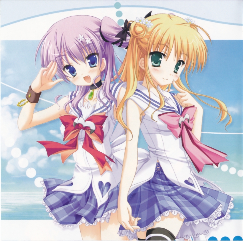 2girls, aoyama_tsukasa, artist_collaboration, black_legwear, blonde_hair, blue_eyes, choker, green_eyes