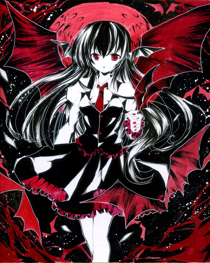 1girl, absurdres, acrylic_paint_(medium), demon_wings, ear_wings, female_focus, head_wings, highres