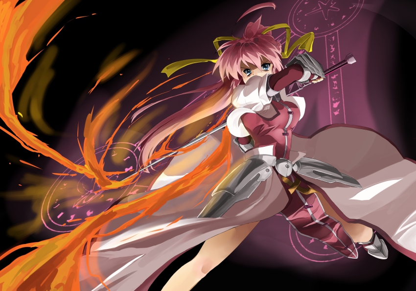 1girl, absurdres, armor, blue_eyes, breasts, bygddd5, female_focus, fire