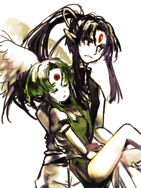 1990s_(style), 1boy, 1girl, access_time, angel, breasts, carrying, closed_eyes