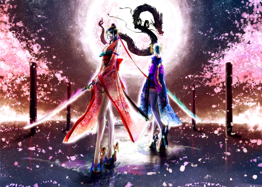 2girls, bad_id, bad_pixiv_id, bayonetta, bayonetta_(series), bayonetta_1, black_hair, cherry_blossoms