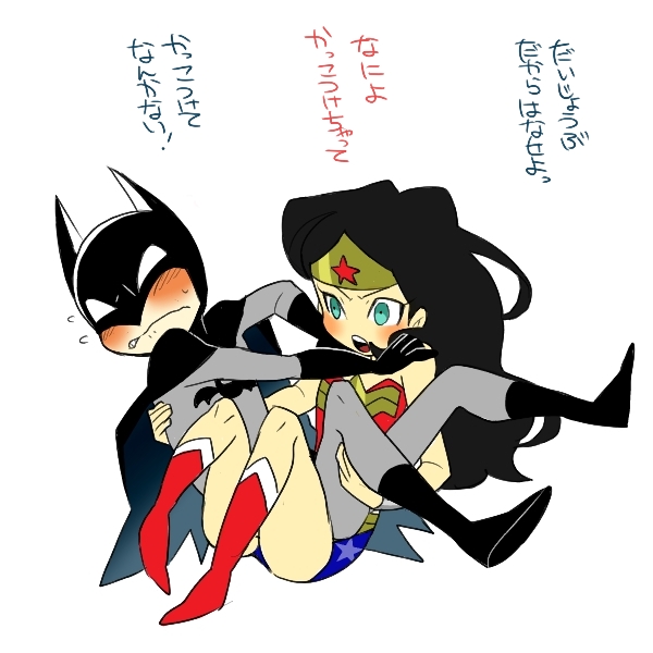 1boy, 1girl, amazon_warrior, ban_(ban62460424), batman, batman_(series), black_hair, blue_eyes, bruce_wayne, carrying, child, dc_comics, dcau, justice_league, mask, simple_background, superhero_costume, translated, wonder_woman, wonder_woman_(series)