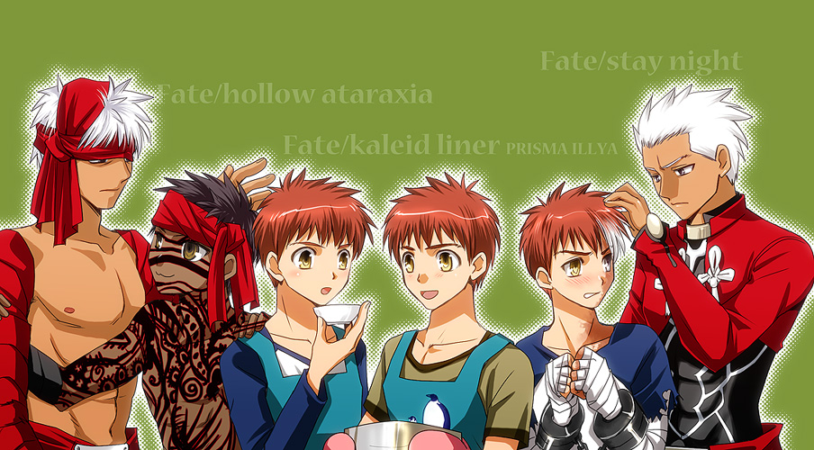 6+boys, angra_mainyu_(fate), archer_(fate), archer_(prisma_illya), blush, colored_skin, copyright_name, cuffs