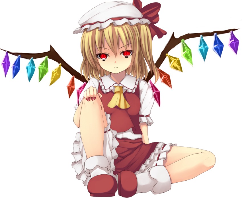 1girl, ascot, blonde_hair, bloomers, blush, crystal, female_focus, flandre_scarlet