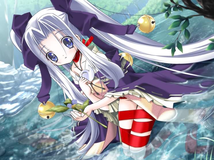 1girl, abeno_chaco, bell, blue_eyes, female_focus, flat_chest, kuro_no_miko_hime_mayu, lifox_(company), looking_at_viewer, magatama, mitama_no_yuki, outdoors, partially_submerged, ribbon, solo, twintails, water