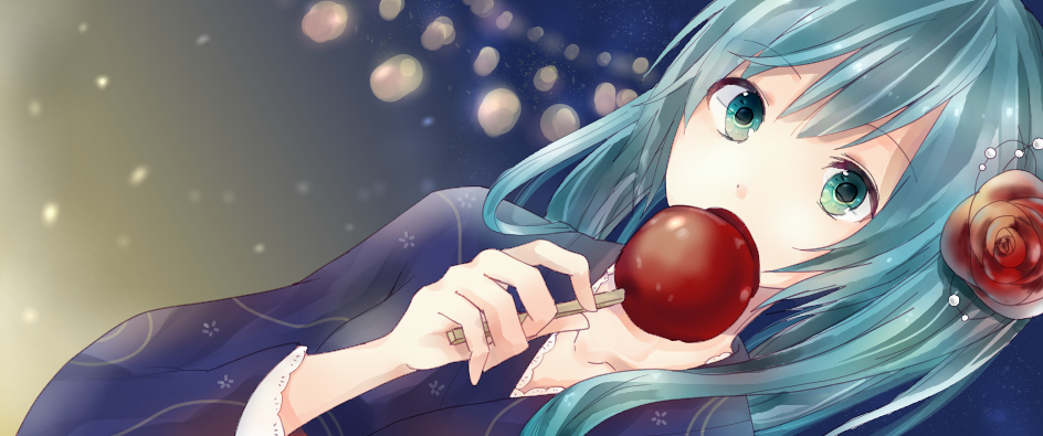 1girl, aqua_eyes, aqua_hair, bad_id, bad_pixiv_id, blue_kimono, candy_apple, dutch_angle