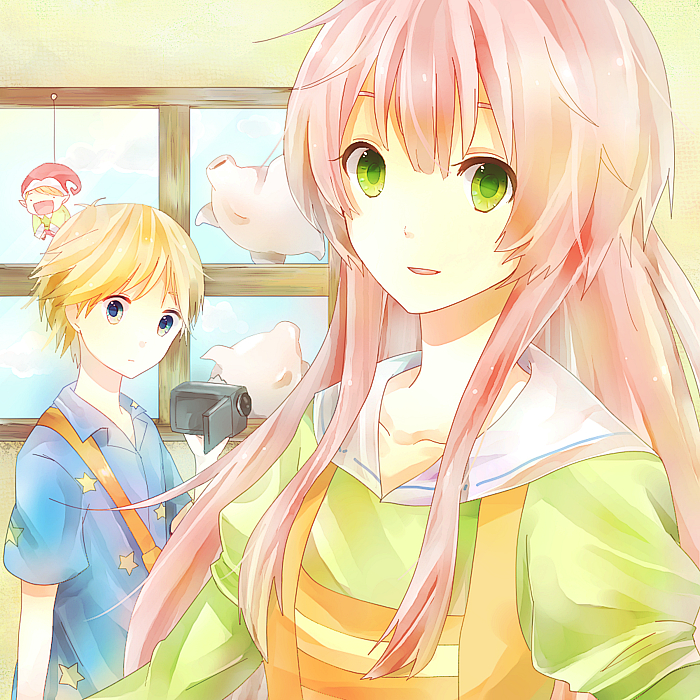 10s, 1boy, 1girl, bad_id, bad_pixiv_id, bird, blonde_hair, blue_eyes