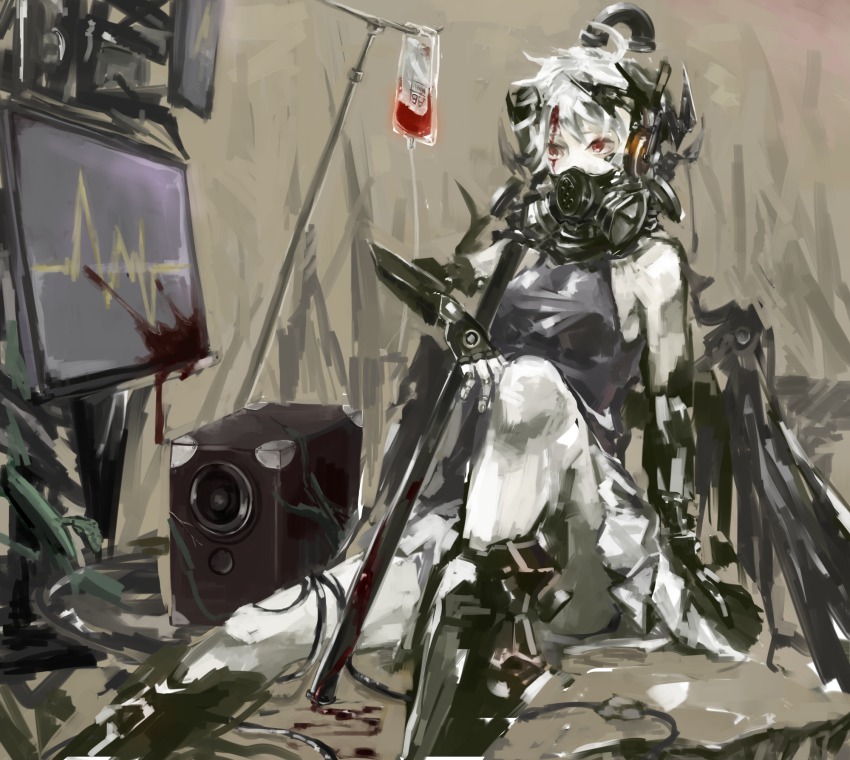 .flow, 1girl, amplifier, bad_id, bad_pixiv_id, blood, blood_bag, bloody_weapon, cyborg, female_focus, gas_mask, highres, intravenous_drip, lead_pipe, mask, monitor, prosthesis, red_eyes, respirator, sabitsuki, shigure_shou, sitting, solo, weapon, white_hair