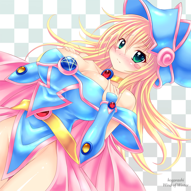 1girl, artist_name, bare_shoulders, blonde_hair, blush, blush_stickers, breast_suppress, breasts