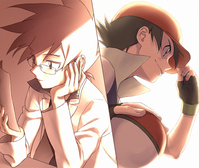 2boys, adjusting_clothes, adjusting_headwear, ash_ketchum, backlighting, baseball_cap, black_hair, brown_hair