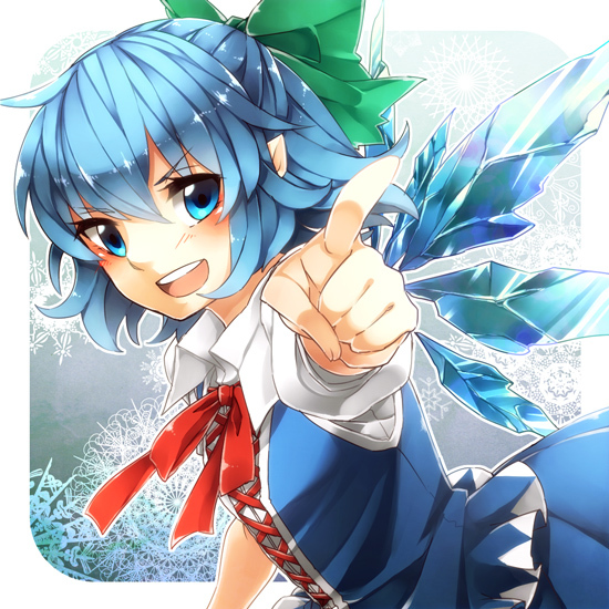 1girl, ahoge, bad_id, bad_pixiv_id, blue_eyes, blue_hair, bow, cirno