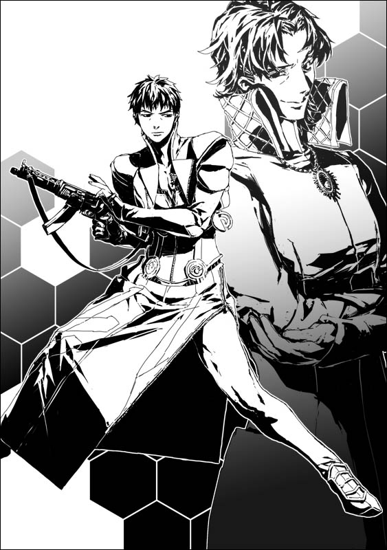2boys, argilla, argilla_(cosplay), cosplay, digital_devil_saga, fate/stay_night, fate/zero, fate_(series), greyscale, gun, high_contrast, jenna_angel, jenna_angel_(cosplay), jewelry, kotomine_kirei, male_focus, monochrome, multiple_boys, necklace, shaliva, tatto, weapon