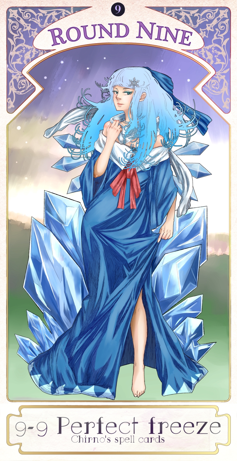 1girl, aged_up, art_nouveau, bare_shoulders, barefoot, blue_eyes, blue_hair, bow