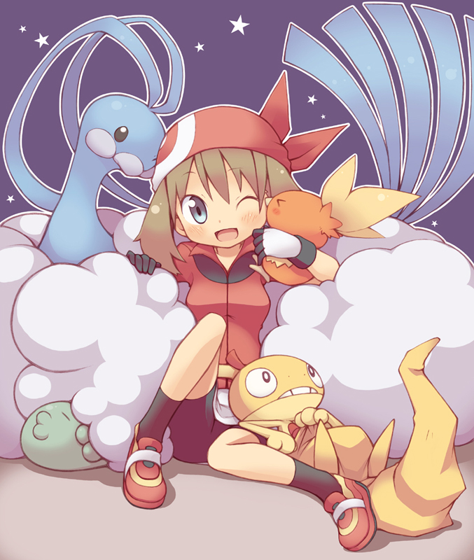 00s, 1girl, :d, ;d, altaria, animal, bandana, bike_shorts, bird, blue_background, blue_eyes, blush, brown_hair, cloud, creature, gen_3_pokemon, gen_5_pokemon, gloves, gulpin, kuro_(kuroneko_no_kanzume), lying, may_(pokemon), nintendo, o3o, one_eye_closed, open_mouth, pokemon, pokemon_(creature), pokemon_ruby/sapphire/emerald, scraggy, sitting, smile, torchic, wince, wink