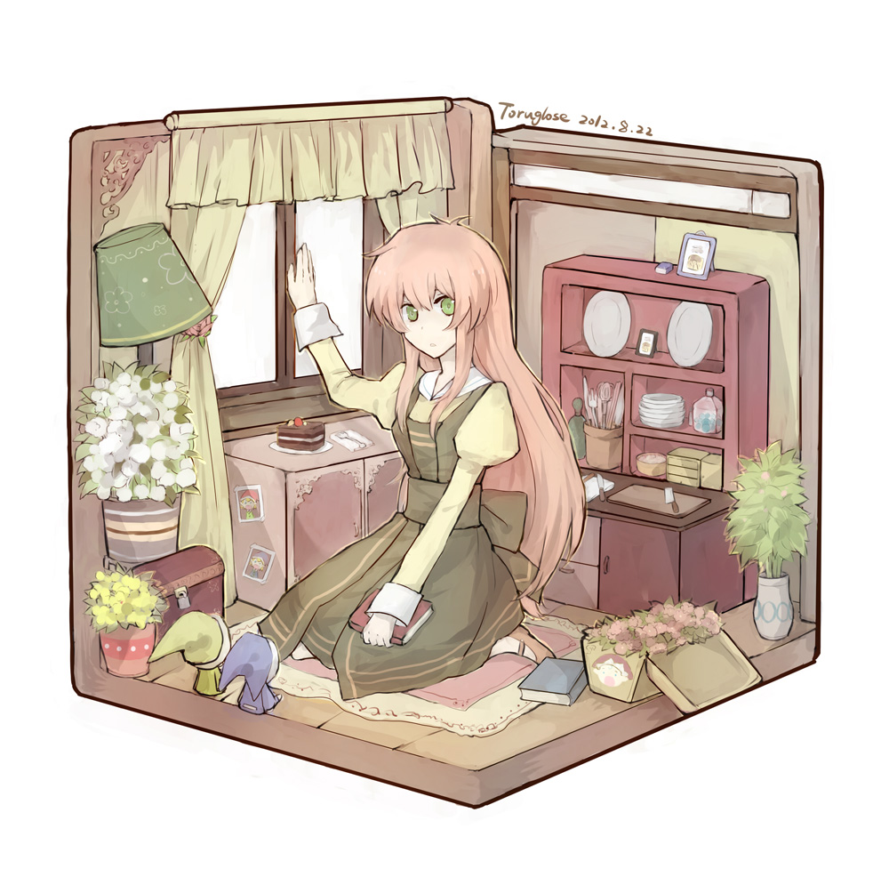 10s, 1girl, :o, book, cake, curtains, cutting_board, dress