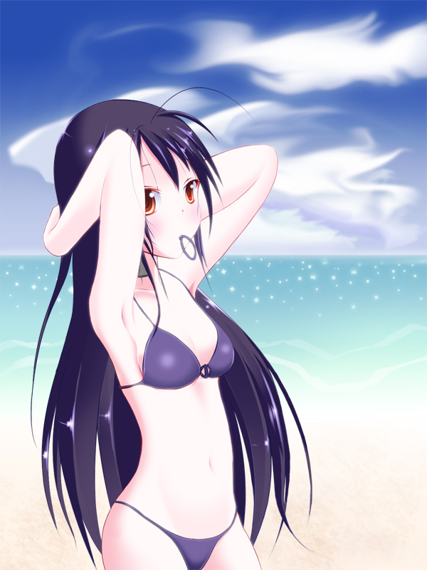 10s, 1girl, accel_world, beach, bikini, black_hair, day, female_focus, haru_(tropical_palette), kuroyukihime, long_hair, red_eyes, solo, swimsuit