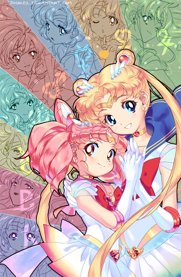 1990s_(style), 6+girls, aino_minako, bishoujo_senshi_sailor_moon, bishoujo_senshi_sailor_moon_s, bishoujo_senshi_sailor_moon_supers, blonde_hair, blue_eyes, blue_sailor_collar, bow, brooch, chibi_usa, choker, cone_hair_bun, double_bun, earrings, elbow_gloves, gloves, hair_bun, heart, heart_brooch, heroes'_gallery, hino_rei, holding_hands, jewelry, juby, kaiou_michiru, kino_makoto, long_hair, looking_at_viewer, magical_girl, mars_symbol, meiou_setsuna, mercury_symbol, mizuno_ami, multicolored_skirt, multiple_girls, pink_hair, red_bow, red_eyes, retro_artstyle, sailor_chibi_moon, sailor_collar, sailor_jupiter, sailor_mars, sailor_mercury, sailor_moon, sailor_neptune, sailor_pluto, sailor_saturn, sailor_senshi, sailor_uranus, sailor_venus, short_hair, skirt, smile, super_sailor_chibi_moon, super_sailor_moon, ten'ou_haruka, tiara, tomoe_hotaru, tsukino_usagi, twintails, venus_symbol, watermark, web_address, white_gloves